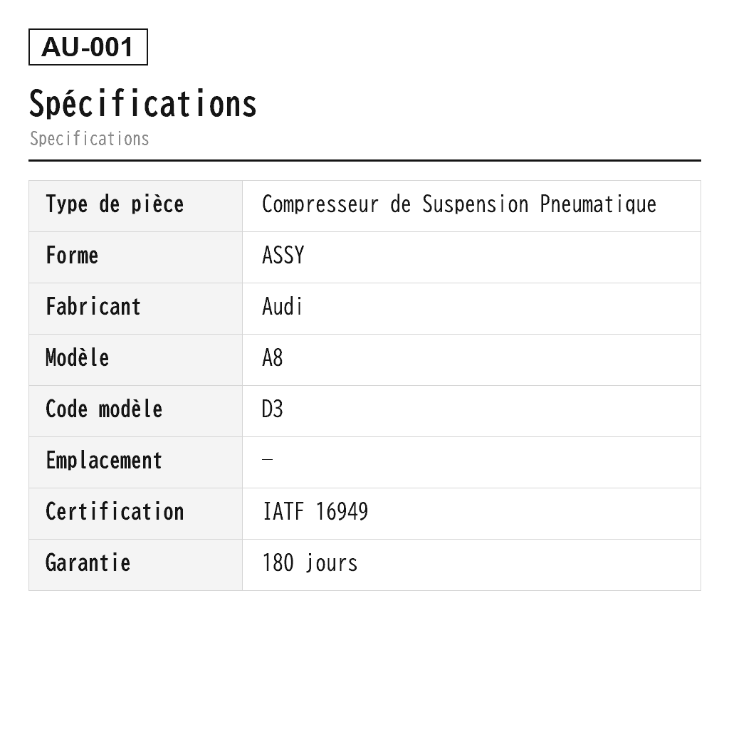Audi A8 D3 Compresseur de Suspension Pneumatique (4B0616007A, 4E0616005, 4E0616005A, 4E0616005D, 4E0616005E, 4E0616005F, 4E0616005G, 4E0616005H, 4E0616007, 4E0616007A, 4E0616007B, 4E0616007C, 4E0616007D, 4E0616007E, 949-903, P-2599) 2