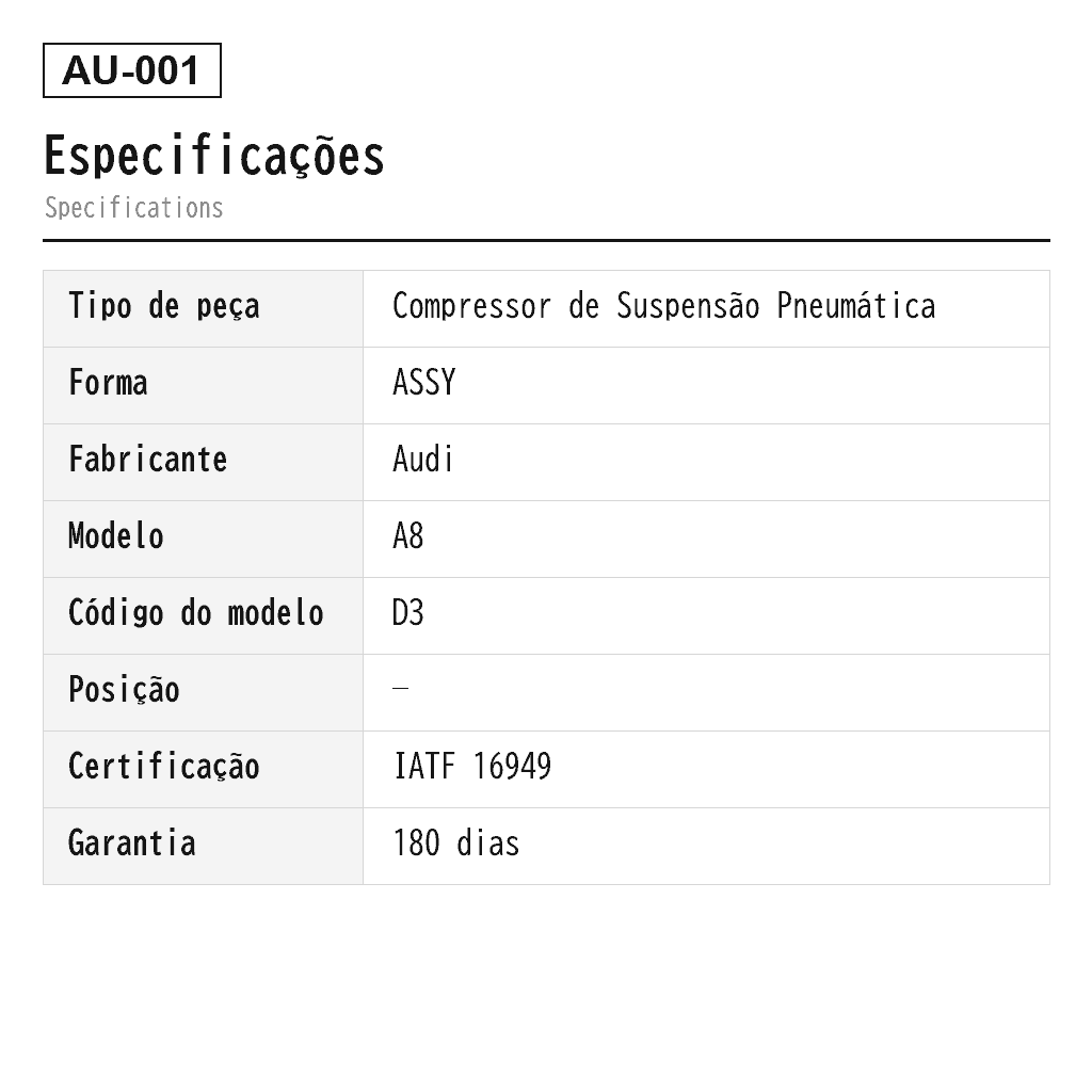 Audi A8 D3 Compressor de Suspensão Pneumática (4B0616007A, 4E0616005, 4E0616005A, 4E0616005D, 4E0616005E, 4E0616005F, 4E0616005G, 4E0616005H, 4E0616007, 4E0616007A, 4E0616007B, 4E0616007C, 4E0616007D, 4E0616007E, 949-903, P-2599) 2