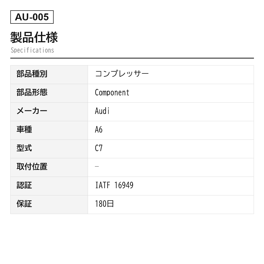 Audi（アウディ） A6 A7 C7/4G A8 D4/4H 2011-2018 エアサスペンションコンプレッサー（4G0616005C, 4G0616005D, 4H0616005A, 4H0616005B, 4H0616005C, 4H0616005D, 4H0616006） 2