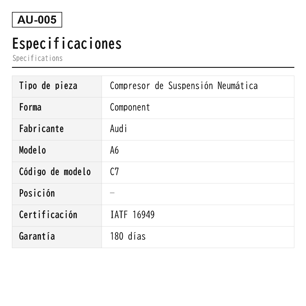 Audi A6 A7 C7/4G A8 D4/4H 2011-2018 Compresor de Suspensión Neumática (4G0616005C, 4G0616005D, 4H0616005A, 4H0616005B, 4H0616005C, 4H0616005D, 4H0616006) 2