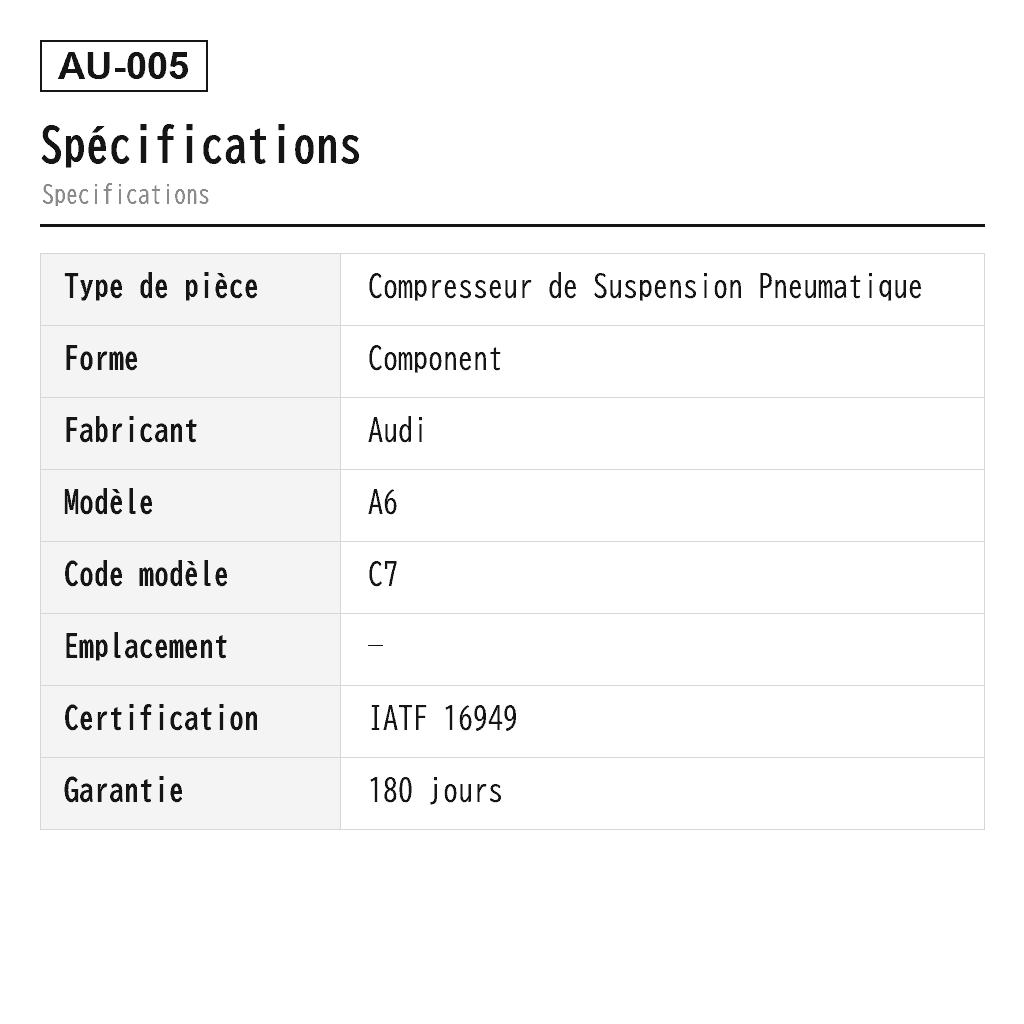 Audi A6 A7 C7/4G A8 D4/4H 2011-2018 Compresseur de Suspension Pneumatique (4G0616005C, 4G0616005D, 4H0616005A, 4H0616005B, 4H0616005C, 4H0616005D, 4H0616006) 2