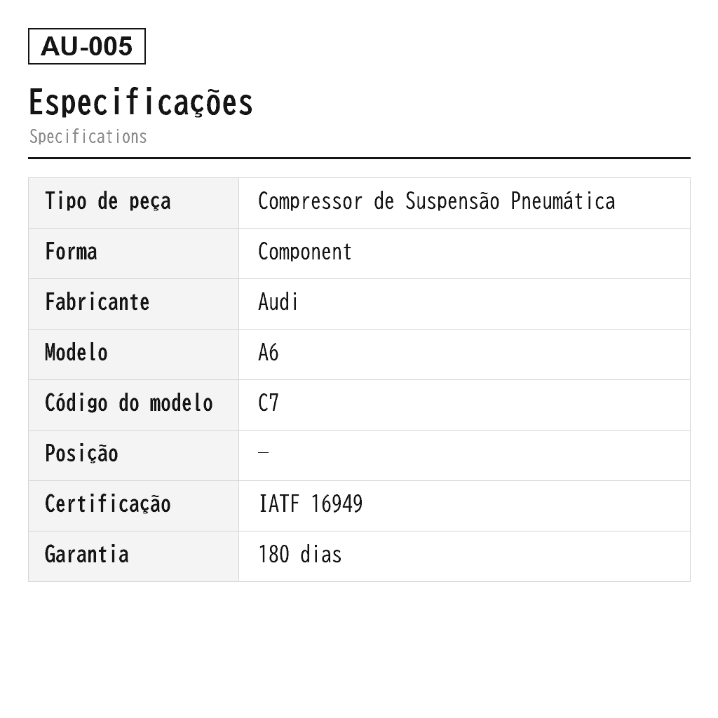 Audi A6 A7 C7/4G A8 D4/4H 2011-2018 Compressor de Suspensão Pneumática (4G0616005C, 4G0616005D, 4H0616005A, 4H0616005B, 4H0616005C, 4H0616005D, 4H0616006) 2