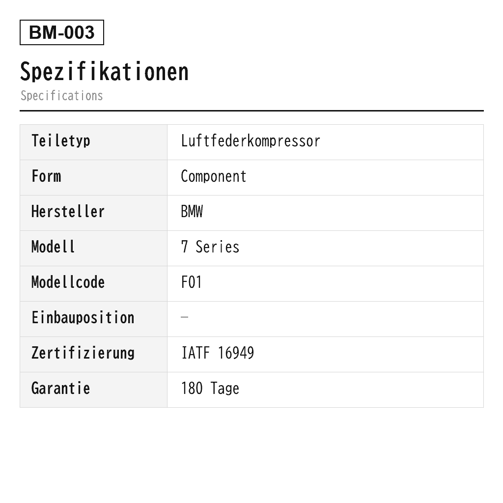 BMW 7 Series F01 F02 2007-2015 Luftfederkompressor (37206784137, 37206789165, 37206789450, 37206794465, 37206864215, 37206875176) 2