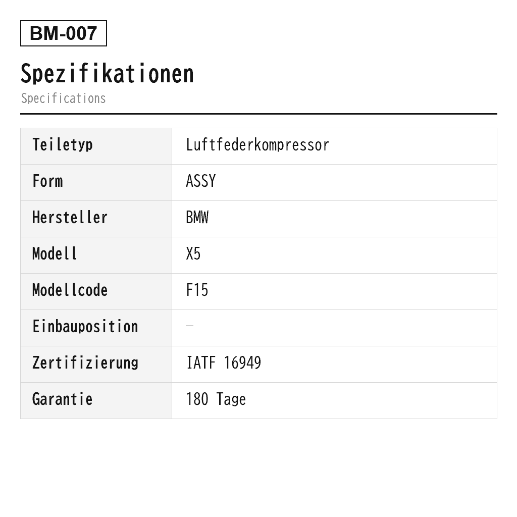 BMW X5 F15 F85 X6 F16 F86 2012-2019 Luftfederkompressor (37206850555, 37206868998, 37206875177, 37226778773, 37236769082, 68505553720, 68689983720, 6875177, P-3279) 2