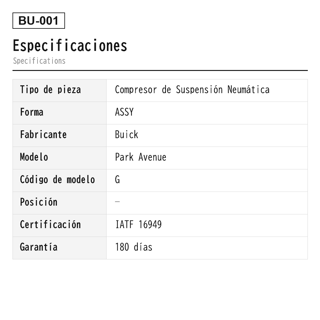 Buick Park Avenue 1997-2005 Compresor de Suspensión Neumática (88955409, 88957250) 2