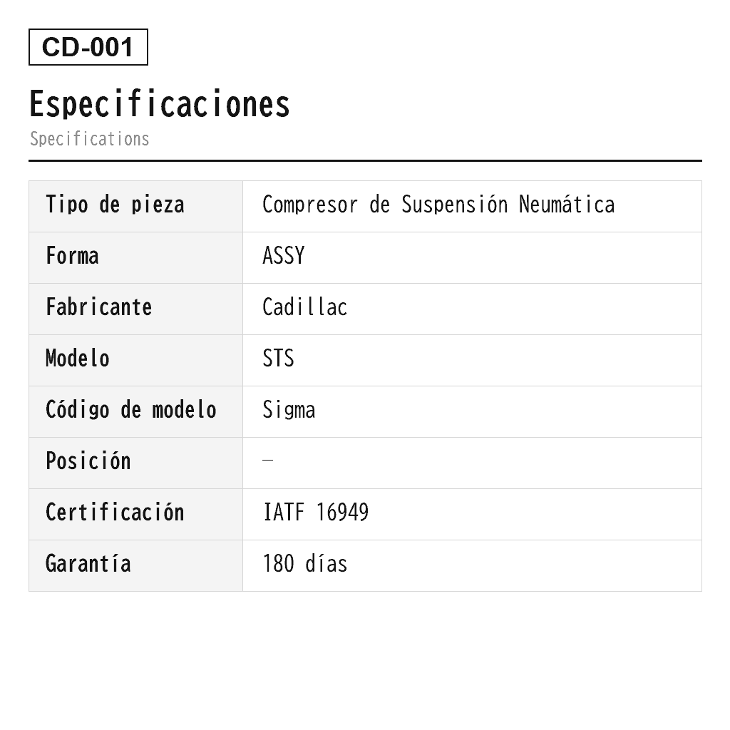 Cadillac STS SRX CTS 2004-2010 Compresor de Suspensión Neumática (15228009, 88957190) 2