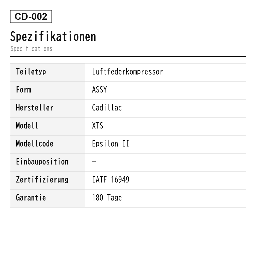Cadillac XTS 2013-2019 Luftfederkompressor (22902411, 22936012, 22983463, 23129283, 23168660, 23353754, 23446561, 23468864, 84160004, 84219810, 84355910) 2