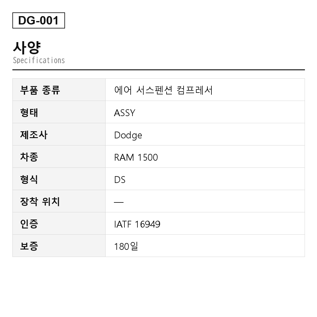 Dodge RAM 1500 2013-2020 에어 서스펜션 컴프레서（68041137AG, 68204387AA, 68204730AB, 68204730AG） 2