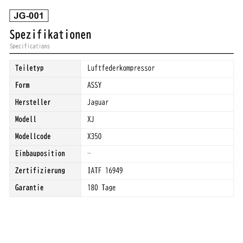 Jaguar XJ X350/X358 2003-2009 Luftfederkompressor (C2C22825, C2C27702, C2C41340, C2C41347) 2