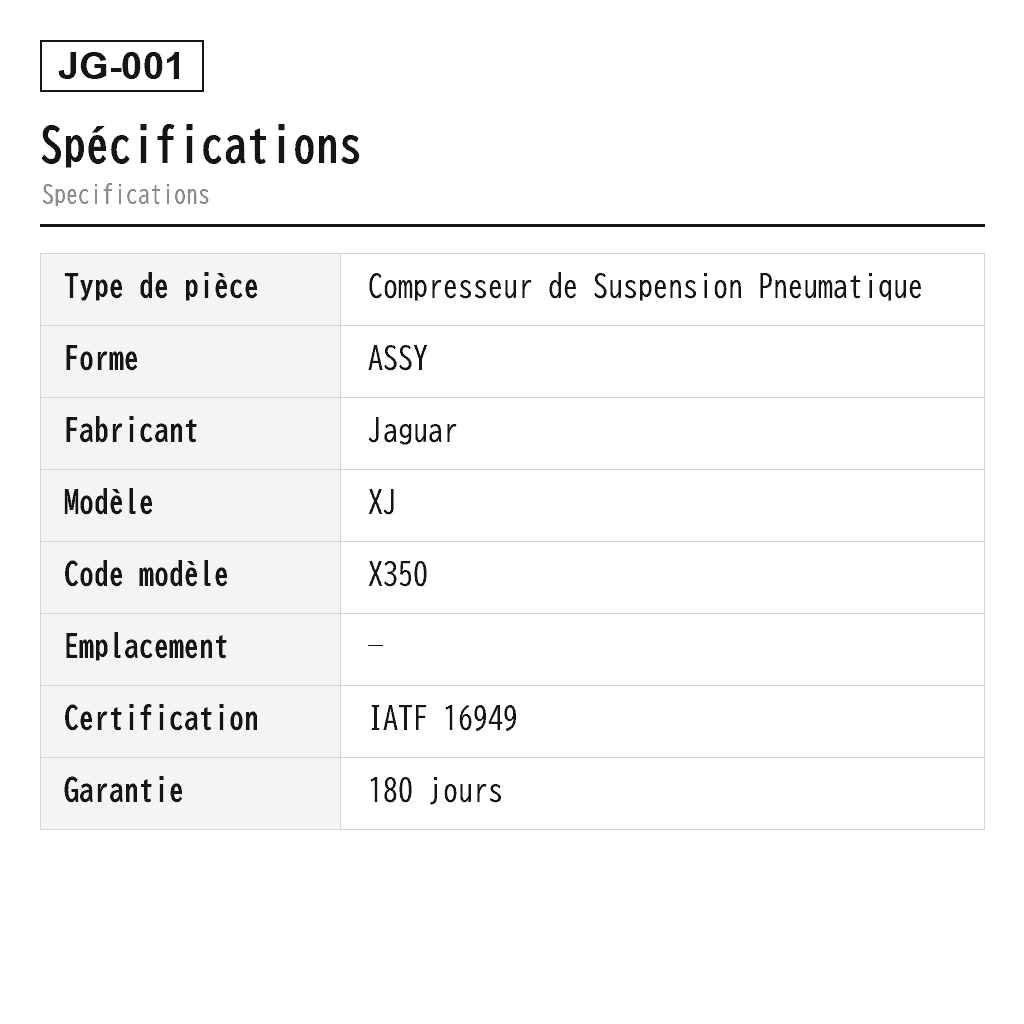 Jaguar XJ X350/X358 2003-2009 Compresseur de Suspension Pneumatique (C2C22825, C2C27702, C2C41340, C2C41347) 2