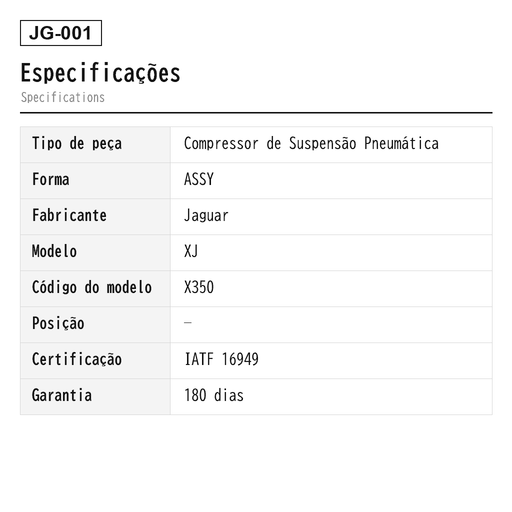 Jaguar XJ X350/X358 2003-2009 Compressor de Suspensão Pneumática (C2C22825, C2C27702, C2C41340, C2C41347) 2