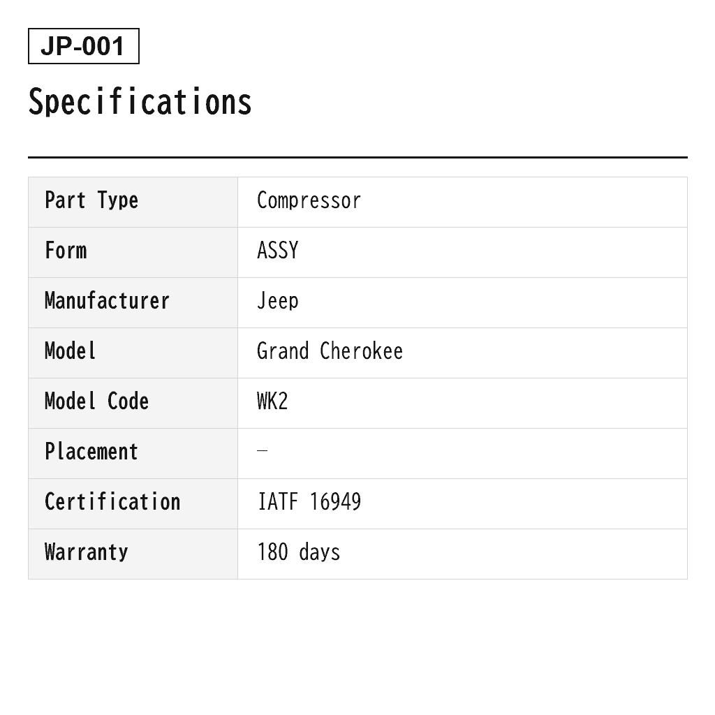 Jeep Grand Cherokee WK2 2011-2023 Air Suspension Compressor (4877128AF, 68041137AC, 68041137AD, 68041137AE, 68041137AF, 68041137AG, 68204730AB, 68204730AC, 68204730AD, 68204730AE, 68204730AF, 68204730AG, 68204730AH, 68204730AI, 68232648AA, 949-300, P-3245) 2