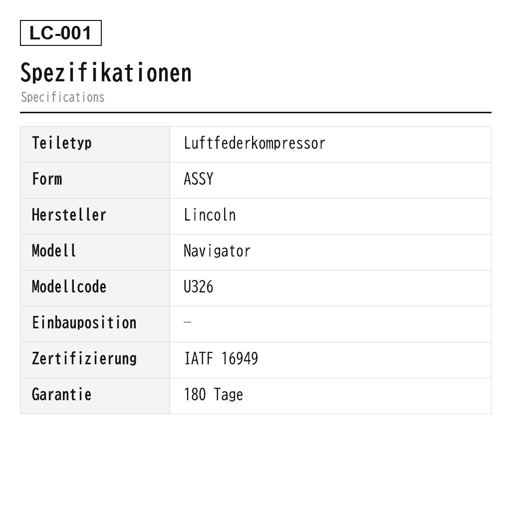 Lincoln Navigator 2007-2016 Luftfederkompressor (7L1Z5319A, 7L1Z5319AE, 949-202, P-2500, P-2937) 2