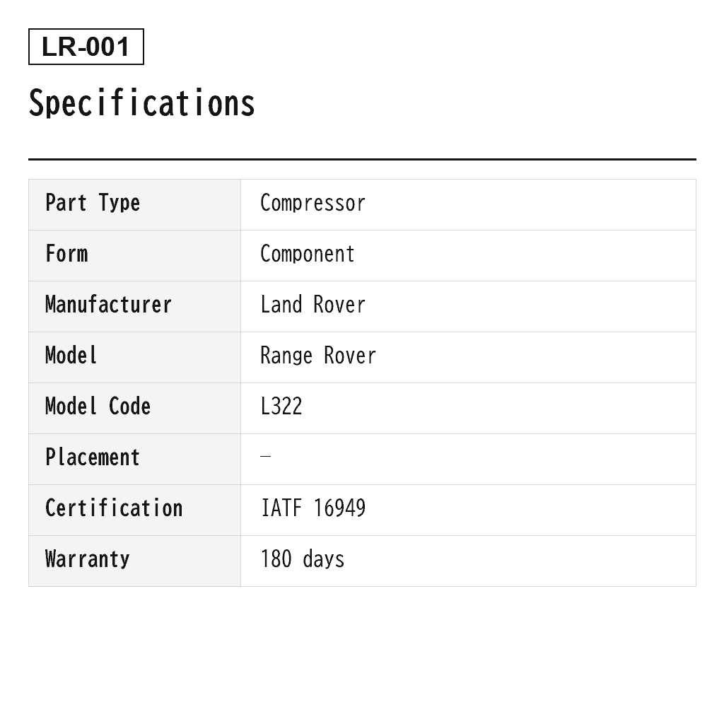 Land Rover Range Rover L322 2006-2012 Air Suspension Compressor (LR010375, LR010376, LR011839, LR015089, LR015303, LR023964, LR025111, LR037065, LR041777, LR045251, LR061888, LR072537, RQG500040, RQG500041, RQG500100, RQG500140, RQL500041, RQL500050, RQU500302, YWB500220) 2