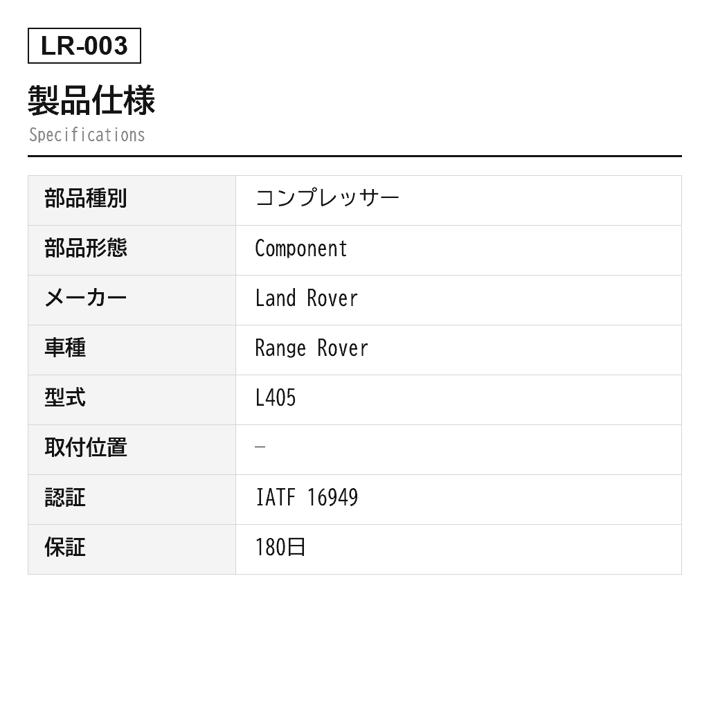 Land Rover（ランドローバー） Range Rover L405 2014-2021 エアサスペンションコンプレッサー（LR037070, LR045734, LR047172, LR052301, LR056304, LR069691, LR069692, LR069693, LR083993, LR108984, LR108985, LR121140, LR121263, LR140034） 2