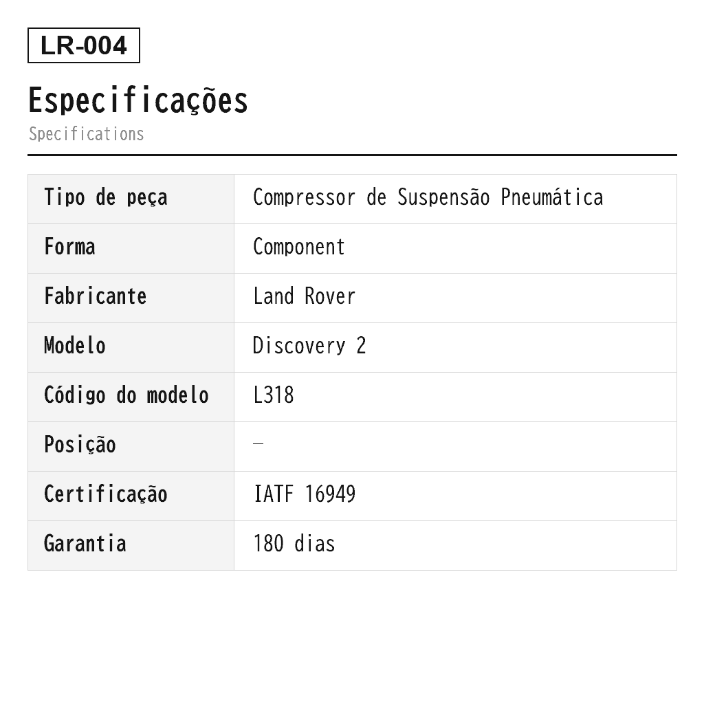 Land Rover Discovery 2 1998-2004 Compressor de Suspensão Pneumática (949-920, P-2646, P-2811, P-3232, RQG100041) 2