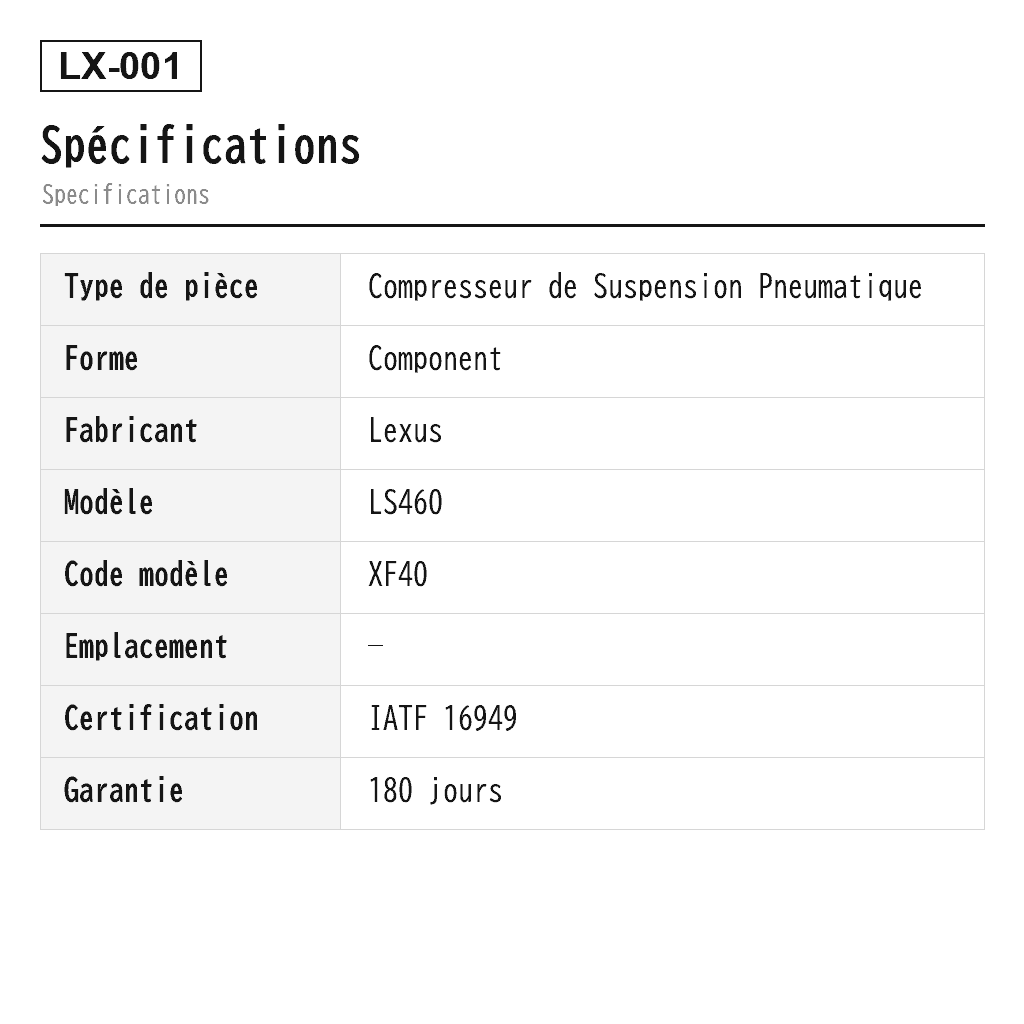 Lexus LS460 XF40 2007-2017 Compresseur de Suspension Pneumatique (48914-50030, 48914-50031) 2