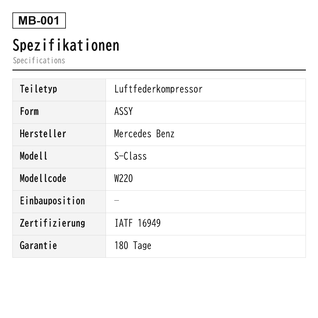 Mercedes Benz S-Class W220 E-Class W211 2000-2006 Luftfederkompressor (0025427219, 0025427619, 211-320-03-04, 2113200104, 2193200004, 2203200104, 4154031120, 4154033030, 8840103590, A211-320-03-04, A2113200104, A220-320-01-04) 2