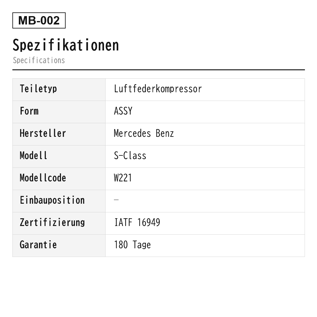 Mercedes Benz S-Class W221 CL C216 2005-2015 Luftfederkompressor (002-542-76-19, 221-320-03-04, 221-320-07-04, 221-320-16-04, 221-320-17-04, 221-320-19-04, 2213200904, 221320030428, 221320070428, 221320160480, 221320170480, A2213200304, A2213200704, A2213200904, A2213201304, A2213201604, A2213201704, A2213201904) 2