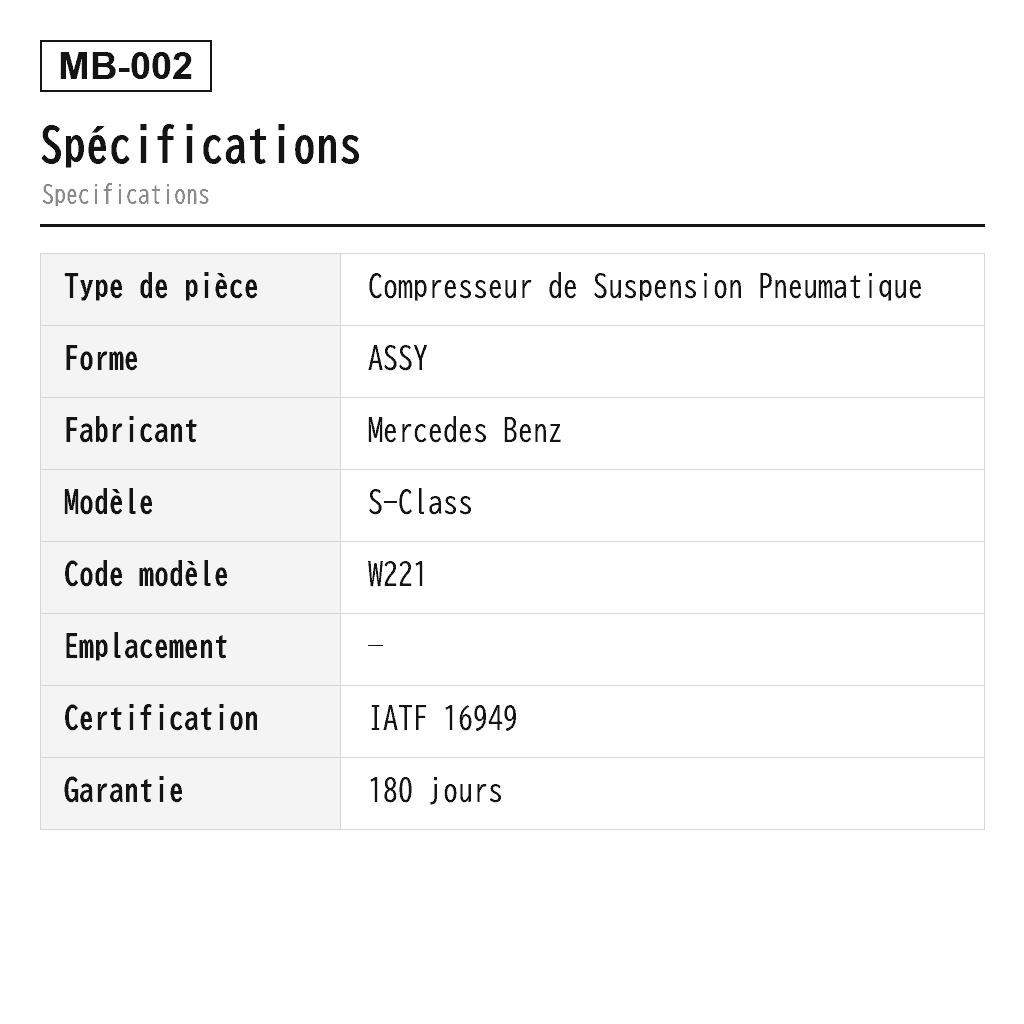 Mercedes Benz S-Class W221 CL C216 2005-2015 Compresseur de Suspension Pneumatique (002-542-76-19, 221-320-03-04, 221-320-07-04, 221-320-16-04, 221-320-17-04, 221-320-19-04, 2213200904, 221320030428, 221320070428, 221320160480, 221320170480, A2213200304, A2213200704, A2213200904, A2213201304, A2213201604, A2213201704, A2213201904) 2