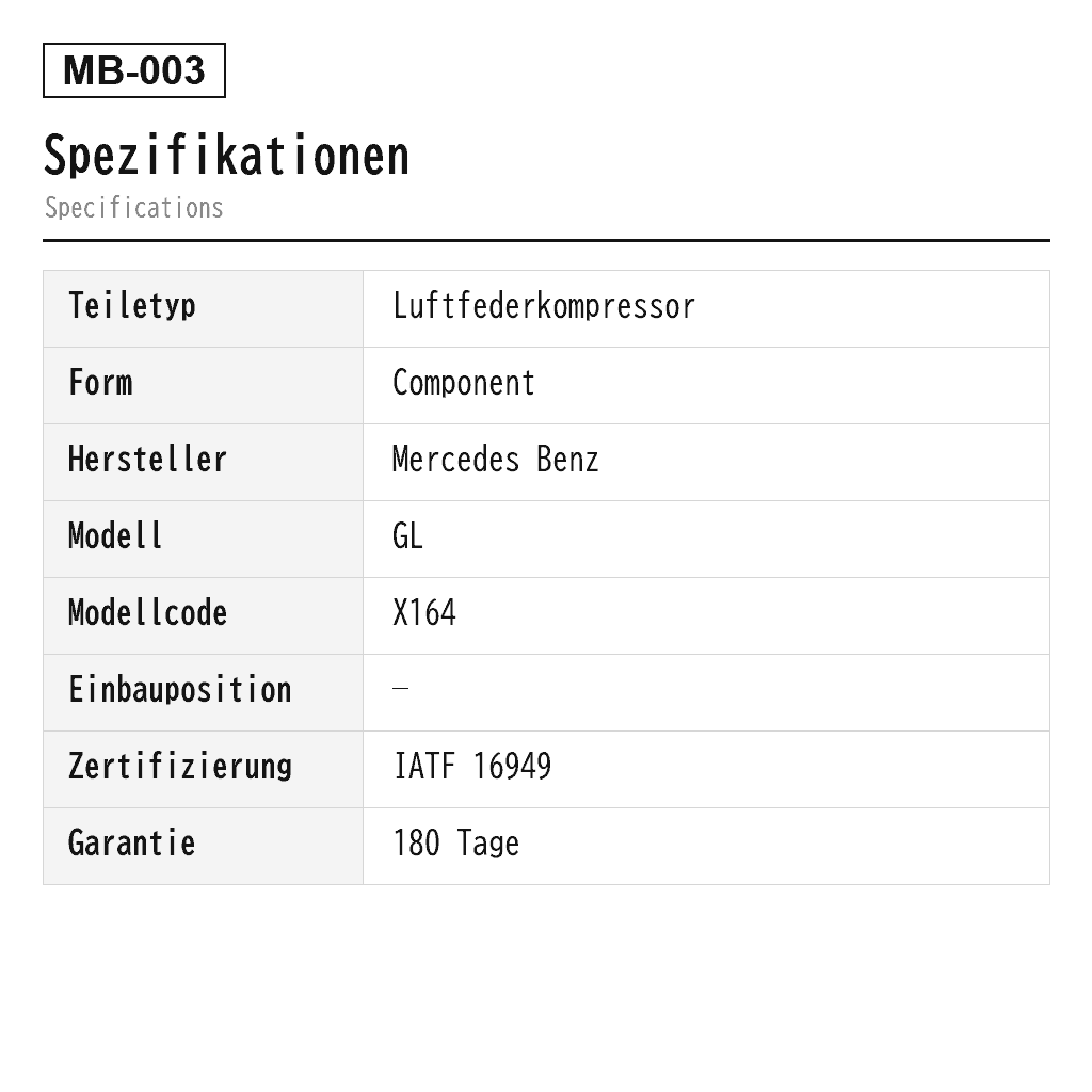 Mercedes Benz GL-Class X164 M-Class W164 2006-2012 Luftfederkompressor (1643200004, 1643200204, 1643200304, 1643200504, 164320050480, 1643200904, 164320090480, 1643201104, 1643201204, 164320120480) 2