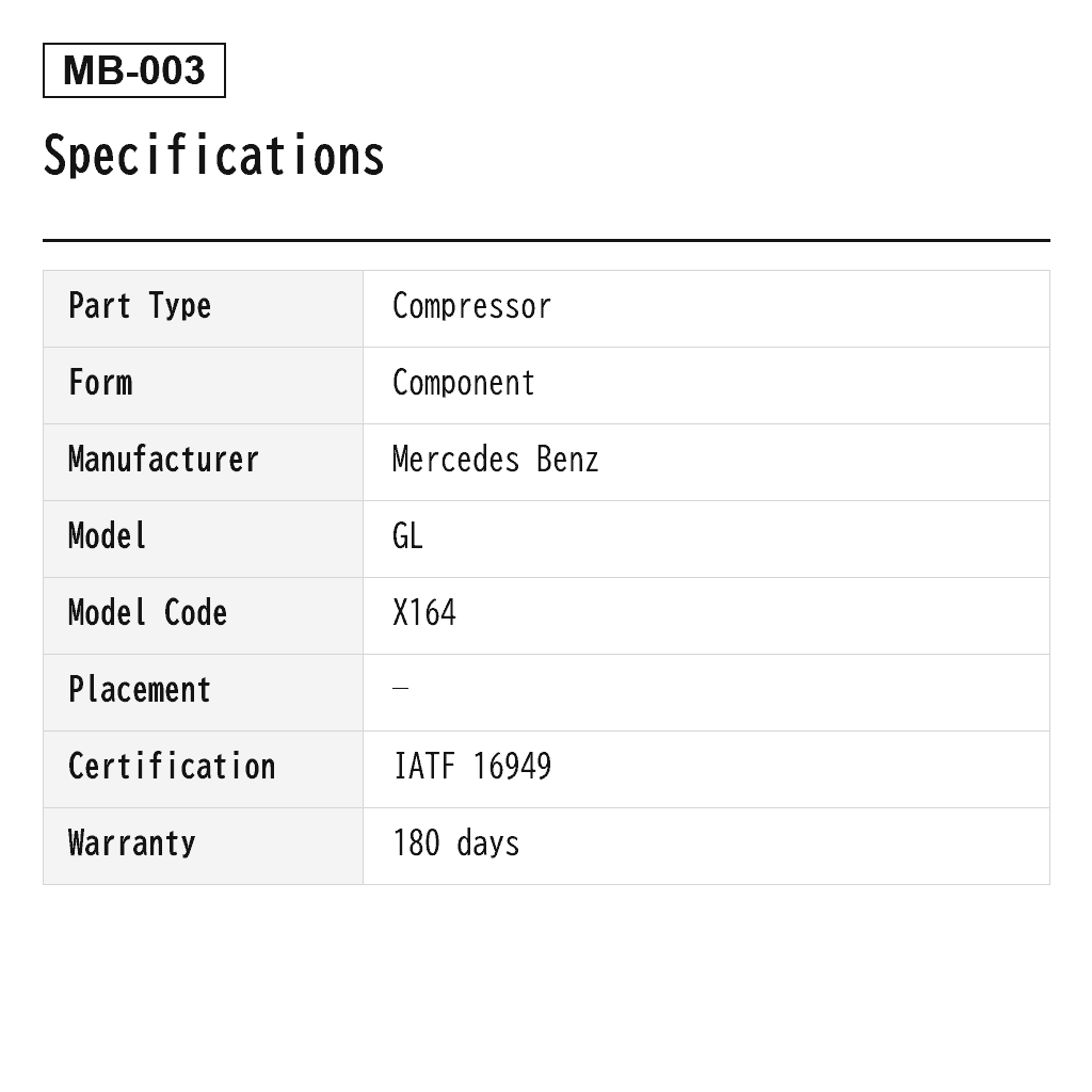 Mercedes Benz GL-Class X164 M-Class W164 2006-2012 Air Suspension Compressor (1643200004, 1643200204, 1643200304, 1643200504, 164320050480, 1643200904, 164320090480, 1643201104, 1643201204, 164320120480) 2