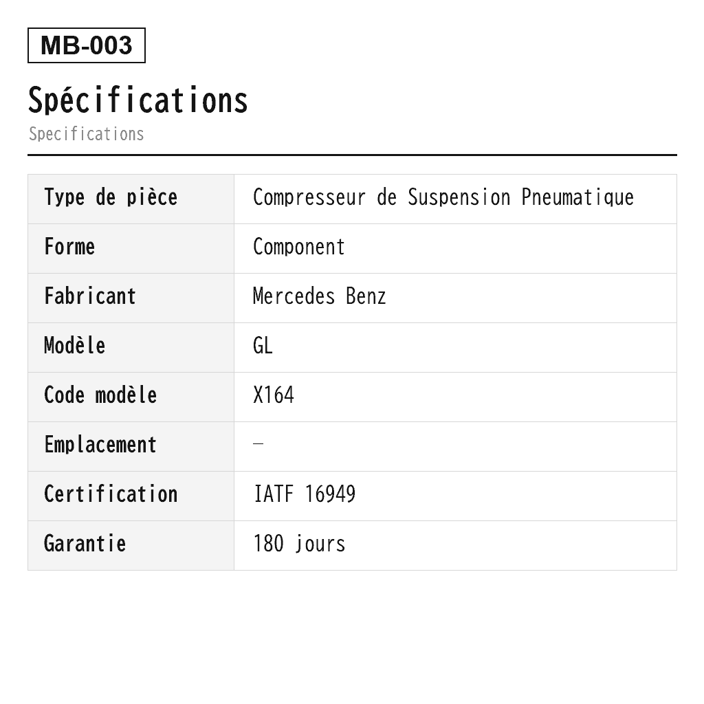 Mercedes Benz GL-Class X164 M-Class W164 2006-2012 Compresseur de Suspension Pneumatique (1643200004, 1643200204, 1643200304, 1643200504, 164320050480, 1643200904, 164320090480, 1643201104, 1643201204, 164320120480) 2