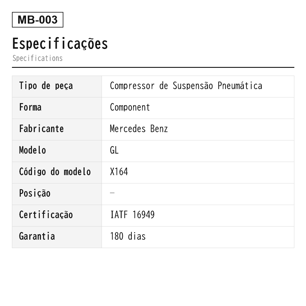 Mercedes Benz GL-Class X164 M-Class W164 2006-2012 Compressor de Suspensão Pneumática (1643200004, 1643200204, 1643200304, 1643200504, 164320050480, 1643200904, 164320090480, 1643201104, 1643201204, 164320120480) 2