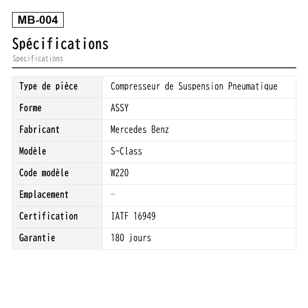 Mercedes Benz S-Class W220 E-Class W211 2000-2006 Compresseur de Suspension Pneumatique (0025427219, 0025427619, 2113200104, 2113200304, 2123200104, 2123200358, 2123200404, 2193200004, 2193200104, 2193200304, 2203200069, 2203200104, 2203200304, 4154033230, A2113200104, A2113200304, A2123200104, A2123200158, A2123200358, A2123200404, A2123200658, A2193200004, A2193200104, A2193200304, A2203200104) 2