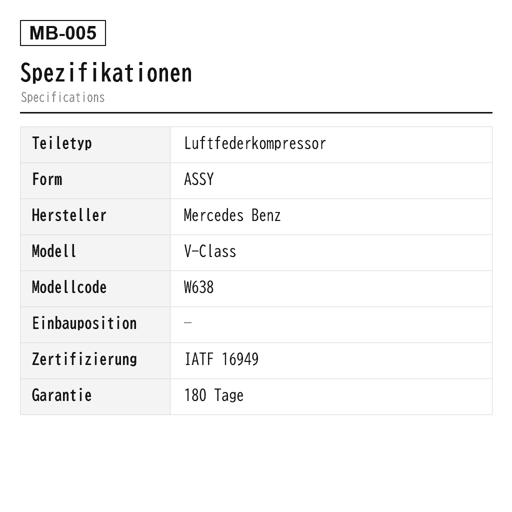 Mercedes Benz V-Class W638 Luftfederkompressor (638-328-02-02, 638-328-03-02, 638-328-04-02, 638-328-05-02, A6383280202, A6383280302, A6383280402, A6383280502) 2