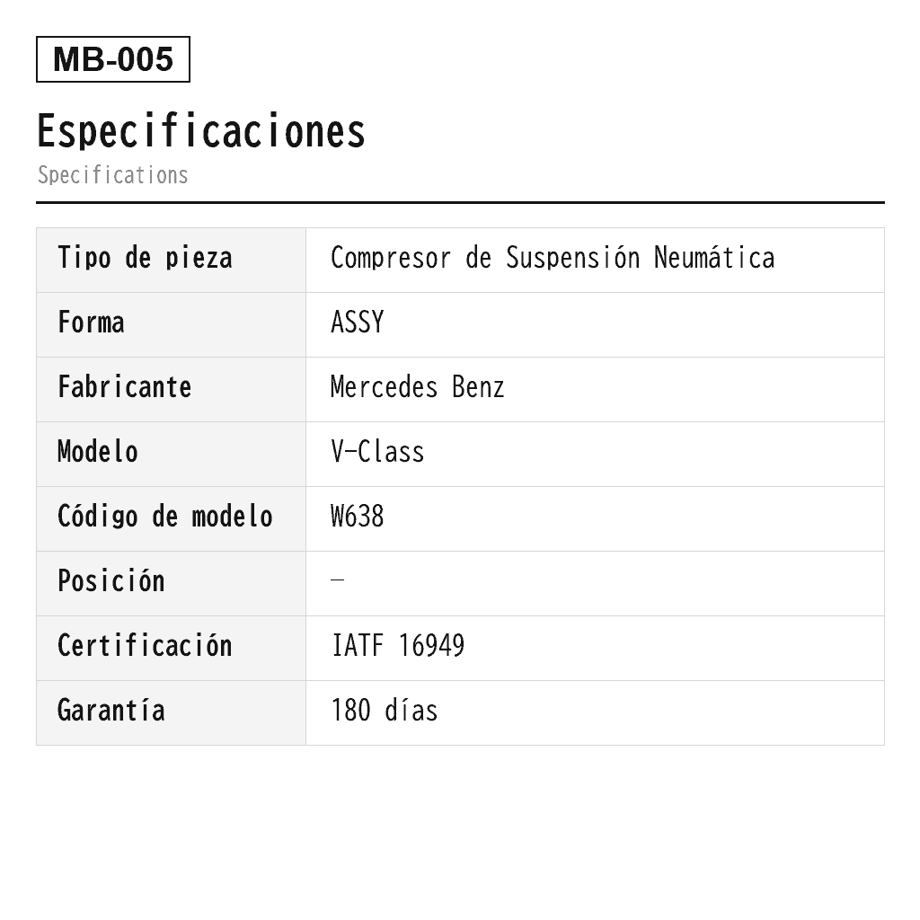 Mercedes Benz V-Class W638 Compresor de Suspensión Neumática (638-328-02-02, 638-328-03-02, 638-328-04-02, 638-328-05-02, A6383280202, A6383280302, A6383280402, A6383280502) 2