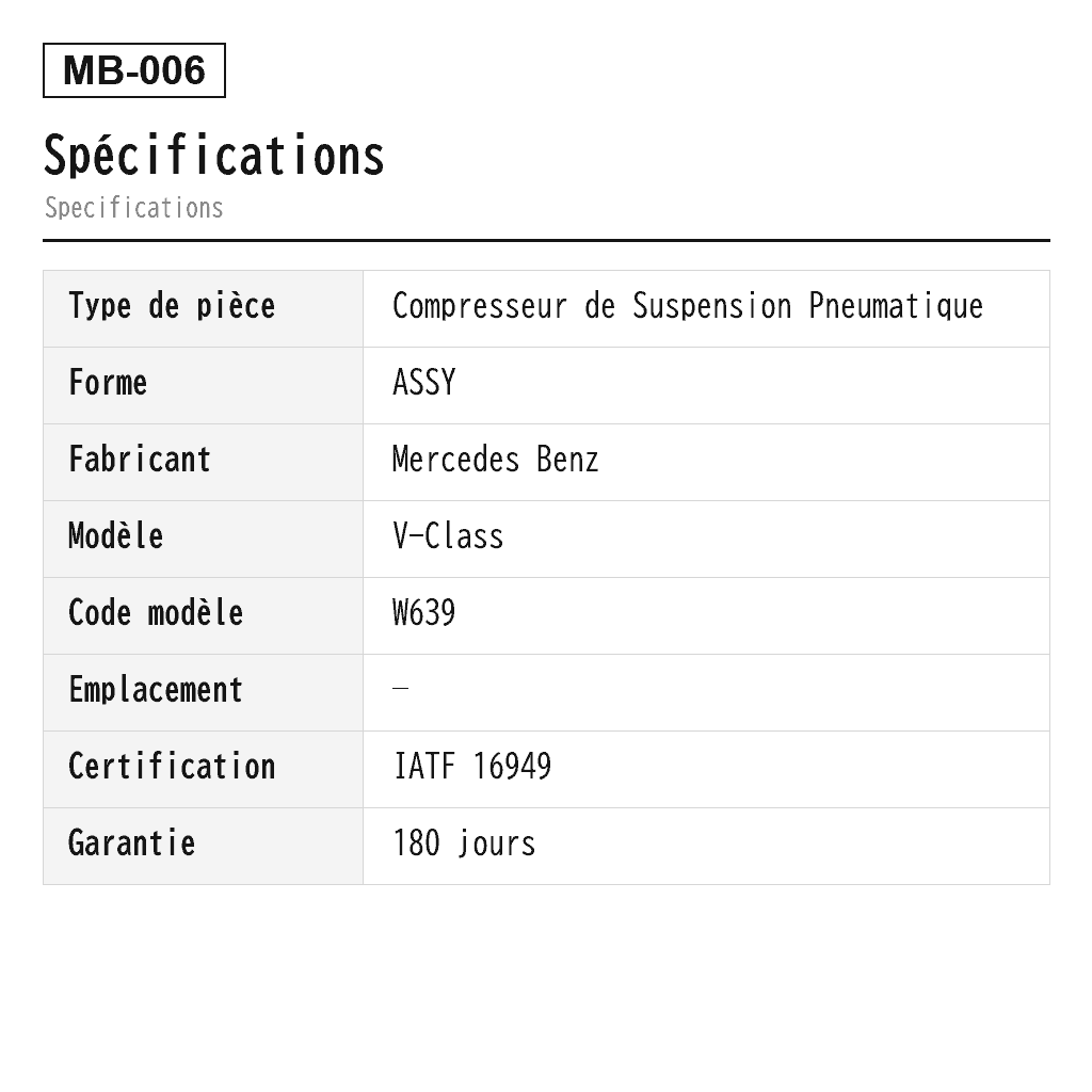Mercedes Benz V-Class W639 2004-2014 Compresseur de Suspension Pneumatique (4154031130, 4154033020, 6393200204, 6393200404, A6393200204, A6393200404) 2