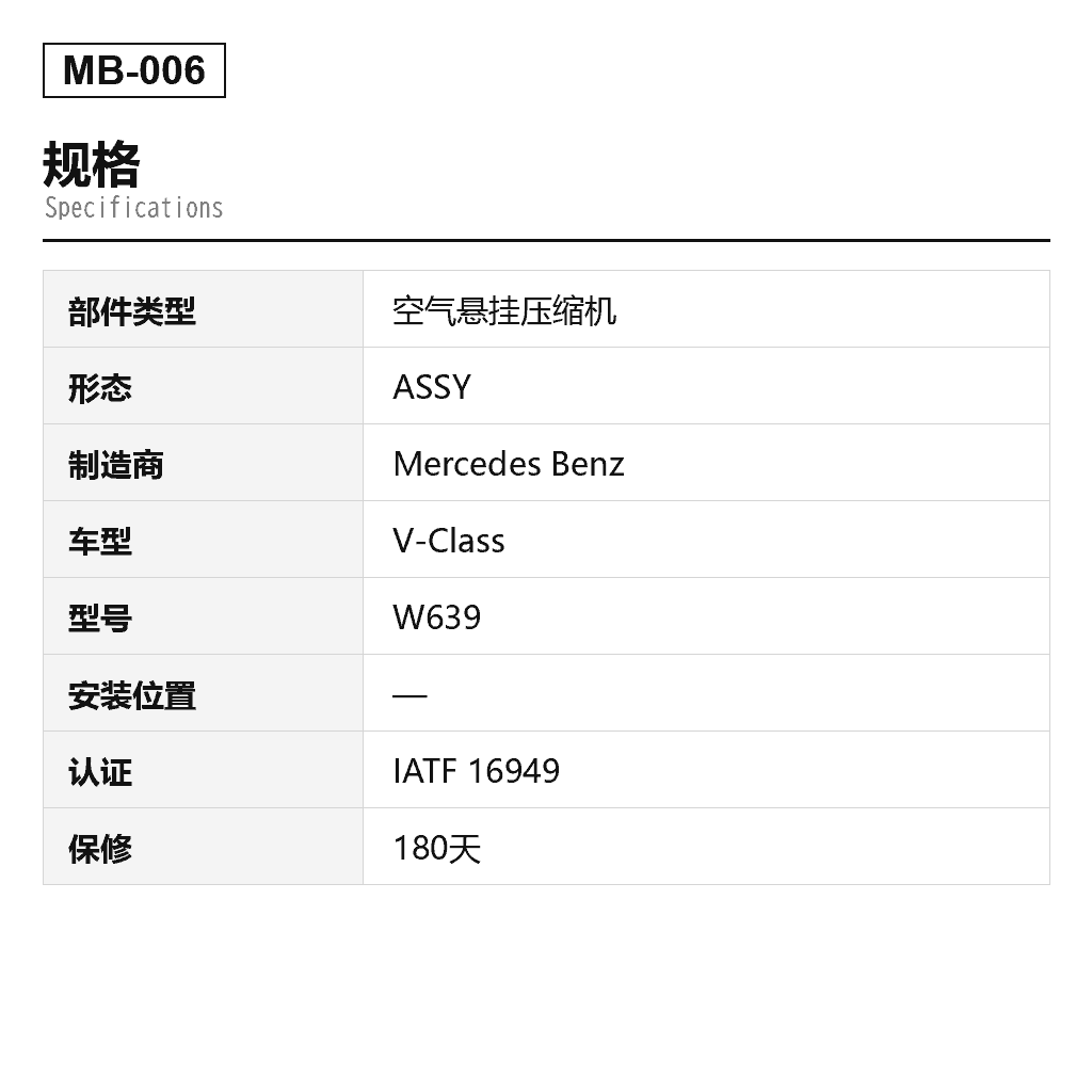 Mercedes Benz V-Class W639 2004-2014 空气悬挂压缩机（4154031130, 4154033020, 6393200204, 6393200404, A6393200204, A6393200404） 2