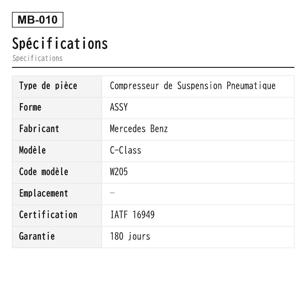 Mercedes Benz C-Class W205 C205 2015-2020 Compresseur de Suspension Pneumatique (0993200004, 2053200011, 2053200104, 2133200004, 2133200009, 2133200104, 2133204003, 2133204701, 2133209900, 4154030422, 4154034230, 4154034260, 4154034280, 4154034350, 4154034360, 4430200191, A0993200004, A2053200011, A2053200104, A213-320-00-04, A2133200009, A2133200104, A2133204003, A2133204701, A2133209900) 2