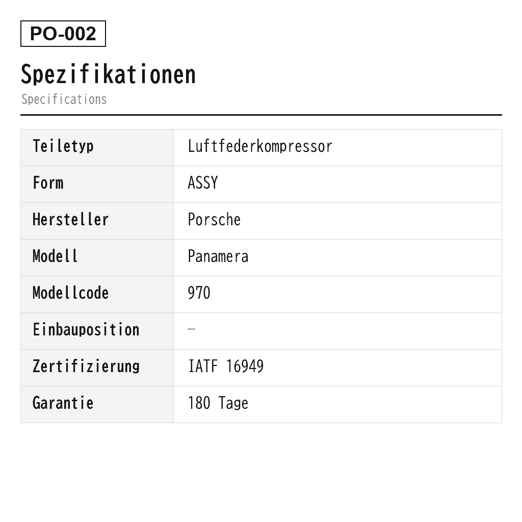 Porsche Panamera 970 2010-2016 Luftfederkompressor (00004320775, 97035815107, 97035815108, 97035815109, 97035815110, 97035815111, 97035815112, 97035815113, 97035815114, 97035815122, 97035815124) 2