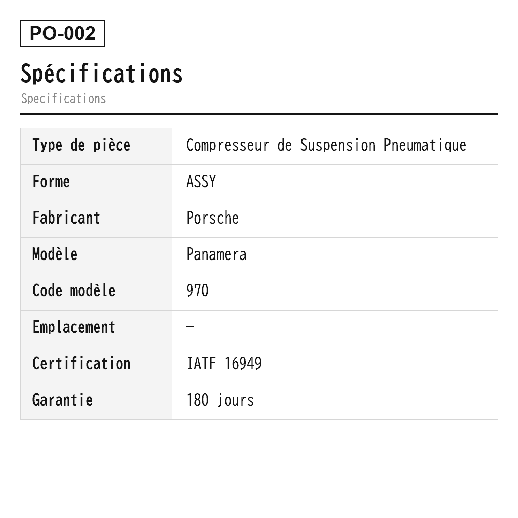 Porsche Panamera 970 2010-2016 Compresseur de Suspension Pneumatique (00004320775, 97035815107, 97035815108, 97035815109, 97035815110, 97035815111, 97035815112, 97035815113, 97035815114, 97035815122, 97035815124) 2
