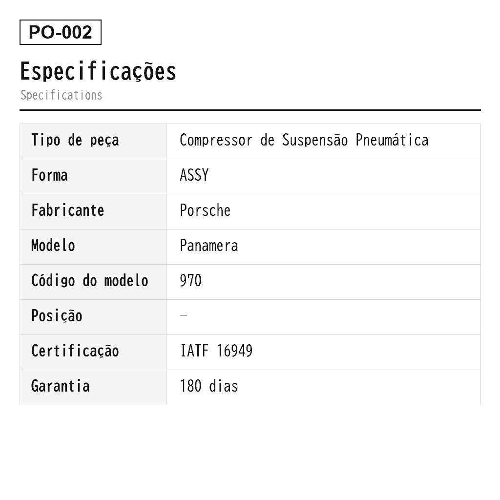 Porsche Panamera 970 2010-2016 Compressor de Suspensão Pneumática (00004320775, 97035815107, 97035815108, 97035815109, 97035815110, 97035815111, 97035815112, 97035815113, 97035815114, 97035815122, 97035815124) 2