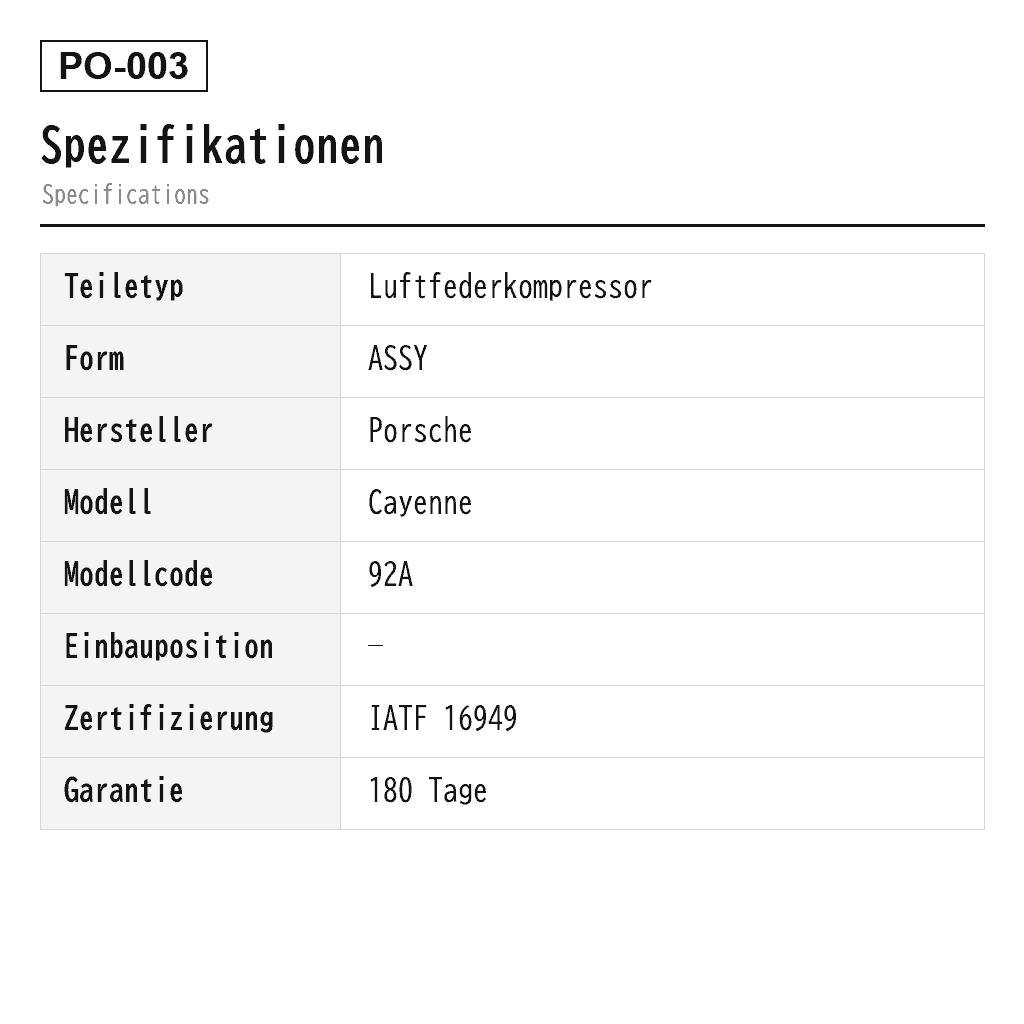 Porsche Cayenne 92A 2011-2017 Luftfederkompressor (4L0698007A, 7L0698006D, 7L0698007A, 7L0698853, 7L0698853A, 7L8616006, 7L8616006A, 7L8616006C, 7L8616007, 7L8616007A, 7L8616007C, 7L8616007E, 7L8616007F, 95535890100, 95535890101, 95535890102, 95535890103, 95535890104, 95535890105, 95835890100, 95835890101, 95835890102, 95861600700, 95835890103, 95835890104, 95835890105) 2