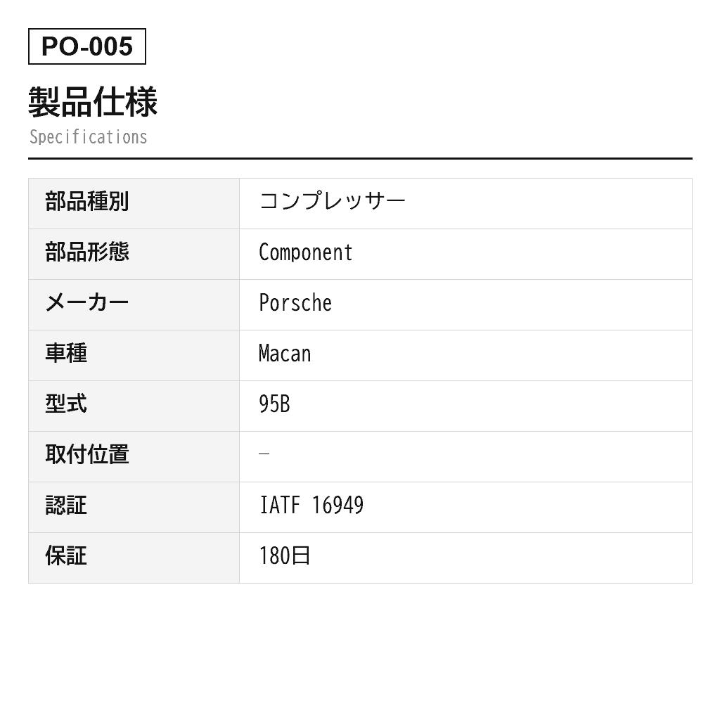 Porsche（ポルシェ） Macan 95B 2014-2019 エアサスペンションコンプレッサー（95B616006, 95B616006A, 95B616006B, 95B616006C, 95B616006D, 95B616006E, 95B616006F, 95B698010, 95B698010A, 95B698010B, 95B698010C） 2