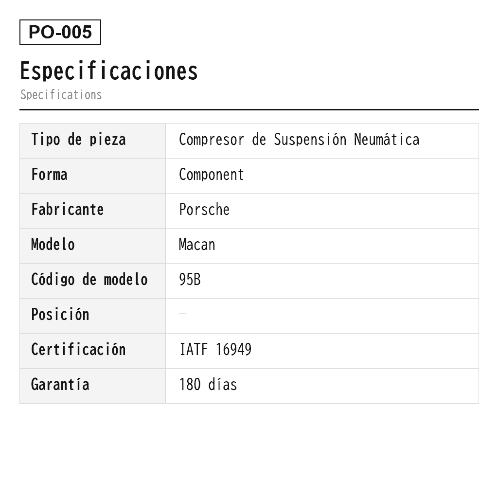 Porsche Macan 95B 2014-2019 Compresor de Suspensión Neumática (95B616006, 95B616006A, 95B616006B, 95B616006C, 95B616006D, 95B616006E, 95B616006F, 95B698010, 95B698010A, 95B698010B, 95B698010C) 2