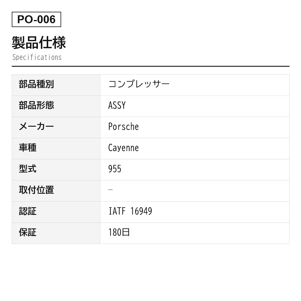 Porsche（ポルシェ） Cayenne 955 9PA 2002-2010 エアサスペンションコンプレッサー（4L0698007A, 7L0616006, 7L0616006C, 7L0616006D, 7L0616006E, 7L0616006F, 7L0616006H, 7L0616007, 7L0616007A, 7L0616007B, 7L0616007C, 7L0616007D, 7L0616007E, 7L0616007F, 7L0616007H, 7L0698006D, 7L0698007, 7L0698007A, 7L0698007B, 7L0698007D, 7L0698007E, 7L8616006, 7L8616006A, 7L8616006C, 7L8616006D, 7L8616007A, 7L8616007C, 7L8616007E, 7L8616007F, 95535890100, 95535890101, 95535890102, 95535890103, 95535890104, 95535890105） 2