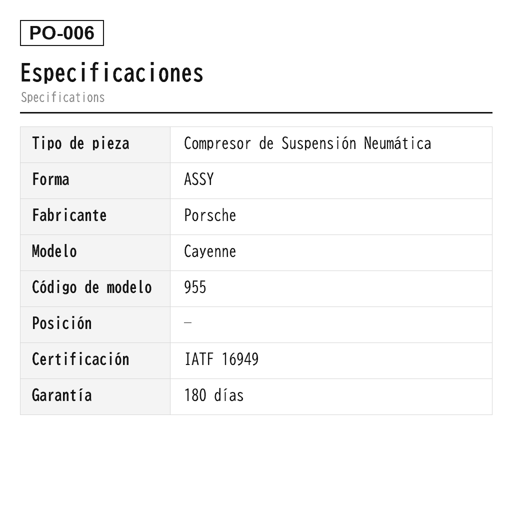 Porsche Cayenne 955 9PA 2002-2010 Compresor de Suspensión Neumática (4L0698007A, 7L0616006, 7L0616006C, 7L0616006D, 7L0616006E, 7L0616006F, 7L0616006H, 7L0616007, 7L0616007A, 7L0616007B, 7L0616007C, 7L0616007D, 7L0616007E, 7L0616007F, 7L0616007H, 7L0698006D, 7L0698007, 7L0698007A, 7L0698007B, 7L0698007D, 7L0698007E, 7L8616006, 7L8616006A, 7L8616006C, 7L8616006D, 7L8616007A, 7L8616007C, 7L8616007E, 7L8616007F, 95535890100, 95535890101, 95535890102, 95535890103, 95535890104, 95535890105) 2