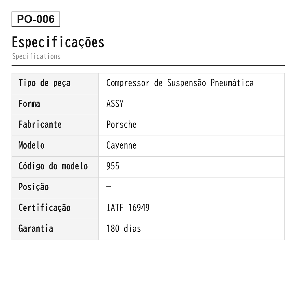 Porsche Cayenne 955 9PA 2002-2010 Compressor de Suspensão Pneumática (4L0698007A, 7L0616006, 7L0616006C, 7L0616006D, 7L0616006E, 7L0616006F, 7L0616006H, 7L0616007, 7L0616007A, 7L0616007B, 7L0616007C, 7L0616007D, 7L0616007E, 7L0616007F, 7L0616007H, 7L0698006D, 7L0698007, 7L0698007A, 7L0698007B, 7L0698007D, 7L0698007E, 7L8616006, 7L8616006A, 7L8616006C, 7L8616006D, 7L8616007A, 7L8616007C, 7L8616007E, 7L8616007F, 95535890100, 95535890101, 95535890102, 95535890103, 95535890104, 95535890105) 2
