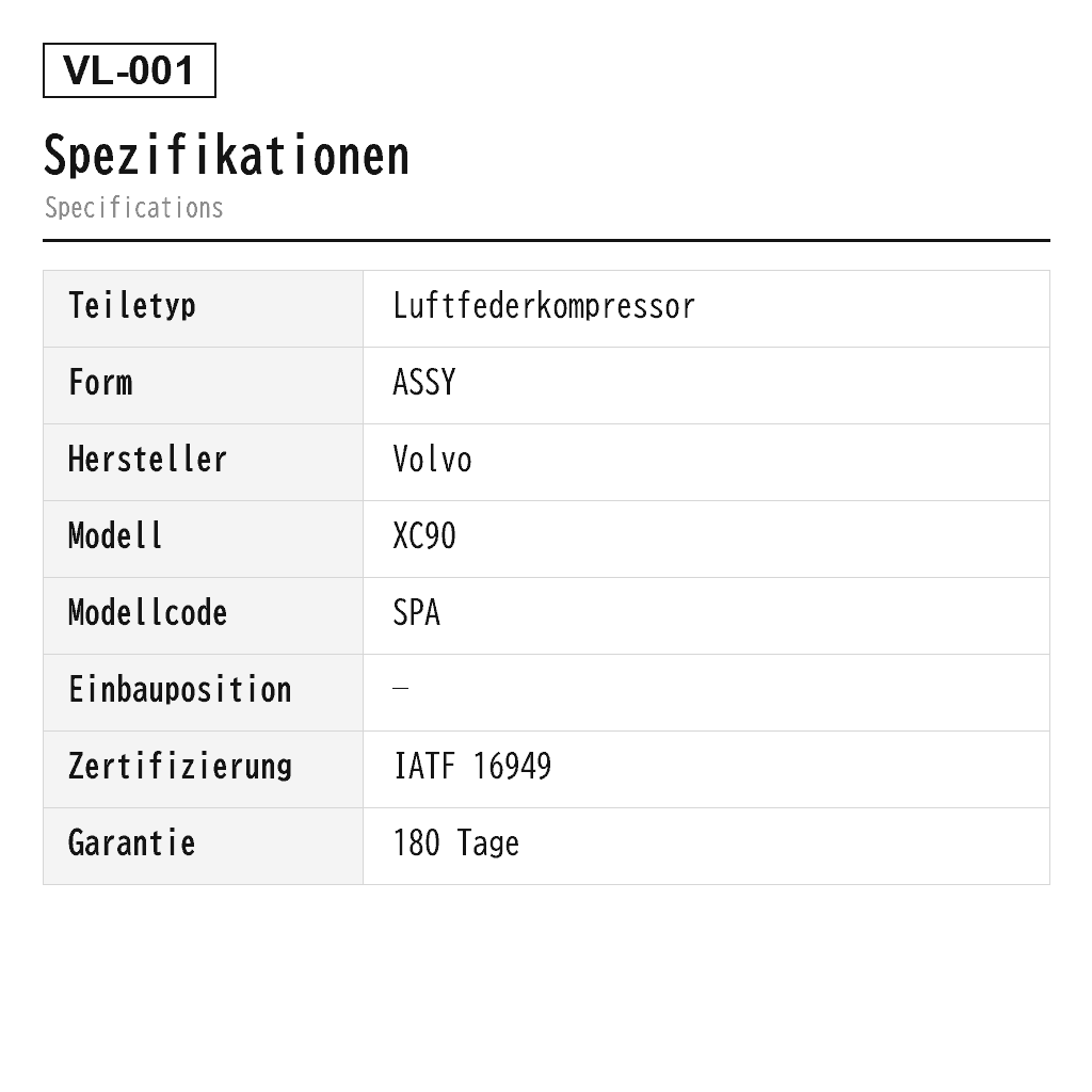 Volvo XC90 II XC60 V90 2014-2022 Luftfederkompressor (150908, 15150000713, 15155000872, 1515990375102, 310815108064, 31360720, 32315091, 949-470) 2