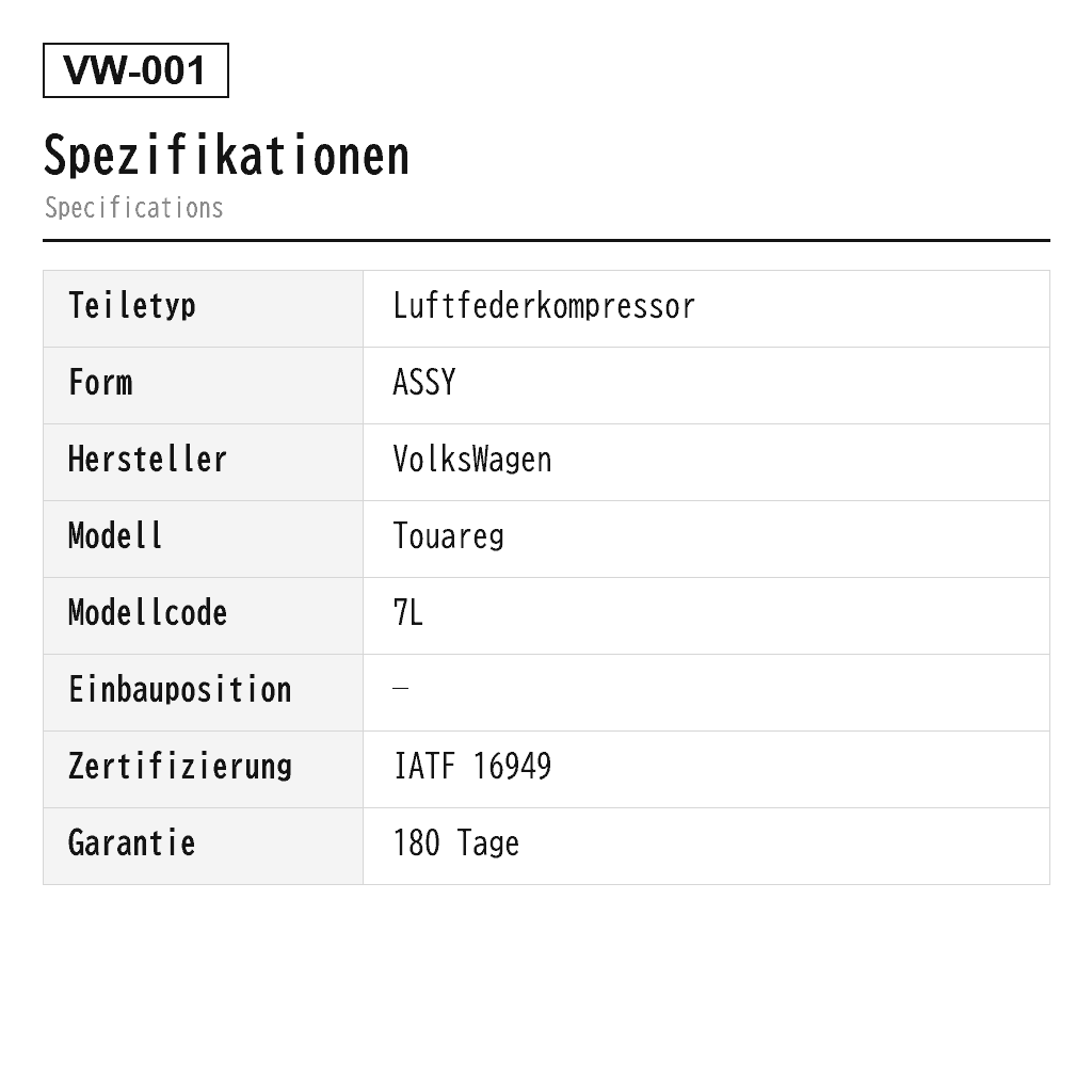 VolksWagen Touareg 7L 2002-2010 Luftfederkompressor (4L0698007A, 7L0616006, 7L0616006C, 7L0616006D, 7L0616006E, 7L0616006F, 7L0616006H, 7L0616007, 7L0616007A, 7L0616007B, 7L0616007C, 7L0616007D, 7L0616007E, 7L0616007F, 7L0616007H, 7L0698006D, 7L0698007, 7L0698007A, 7L0698007B, 7L0698007D, 7L0698007E, 7L0698853, 7L0698853A, 7L0698853B, 7L0698853C, 7L8616006, 7L8616006A, 7L8616006C, 7L8616006D, 7L8616007, 7L8616007A, 7L8616007C, 7L8616007E, 7L8616007F, 95535890100, 95535890101, 95535890102, 95535890103, 95535890104, 95535890105) 2