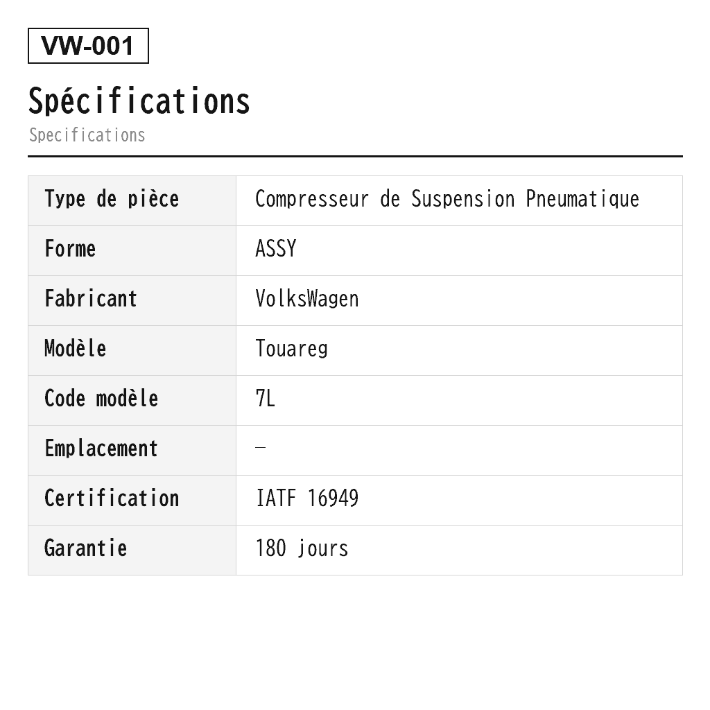VolksWagen Touareg 7L 2002-2010 Compresseur de Suspension Pneumatique (4L0698007A, 7L0616006, 7L0616006C, 7L0616006D, 7L0616006E, 7L0616006F, 7L0616006H, 7L0616007, 7L0616007A, 7L0616007B, 7L0616007C, 7L0616007D, 7L0616007E, 7L0616007F, 7L0616007H, 7L0698006D, 7L0698007, 7L0698007A, 7L0698007B, 7L0698007D, 7L0698007E, 7L0698853, 7L0698853A, 7L0698853B, 7L0698853C, 7L8616006, 7L8616006A, 7L8616006C, 7L8616006D, 7L8616007, 7L8616007A, 7L8616007C, 7L8616007E, 7L8616007F, 95535890100, 95535890101, 95535890102, 95535890103, 95535890104, 95535890105) 2