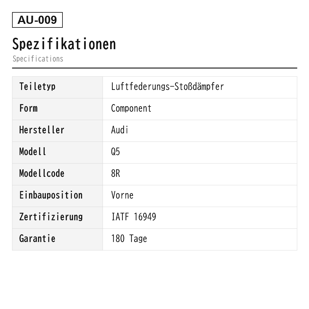 Audi Q5 8R 2009-2017 Vorne Luftfederungs-Stoßdämpfer (8R0413029, 8R0413029J, 8R0413029L, 8R0413030, 8R0413030J, 8R0413030L) 2