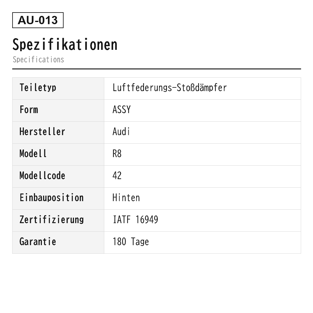 Audi R8 2007-2015 Hinten Luftfederungs-Stoßdämpfer (420512019AA, 420512019AC, 420512019AP) 2