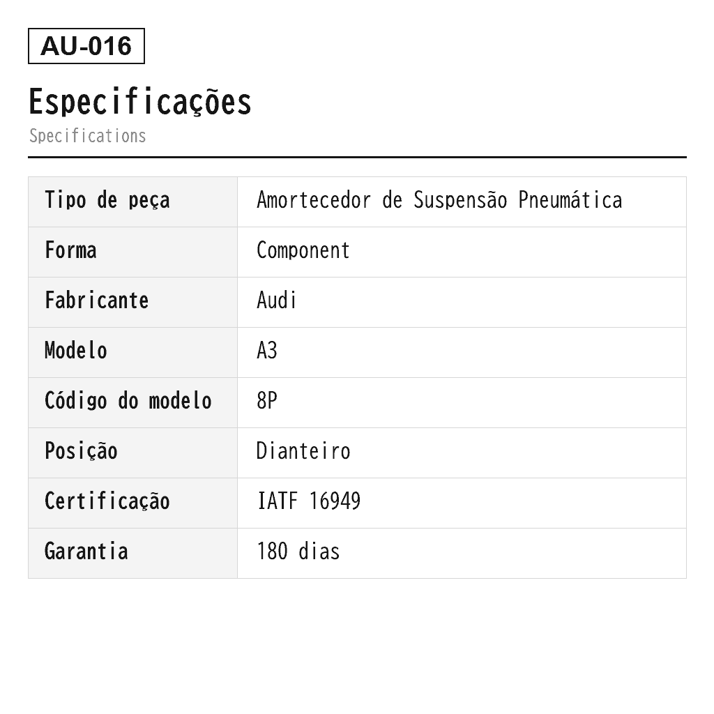 Audi A3 S3 8P 2009-2013 Dianteiro Amortecedor de Suspensão Pneumática (8J0413029A, 8J0413029D, 8J0413029E, 8J0413029F, 8J0413029G, 8J0413029L, 8J0413029M, 8J0413029N, 8J0413030M, 8J0513030Q, 8P0413029, 8P0413029B, 8P0413029C) 2