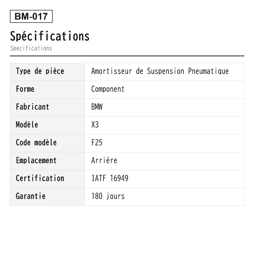 BMW X3 F25 X4 F26 2011-2018 Arrière Amortisseur de Suspension Pneumatique (6787202, 6796317, 33526796317, 33526796422) 2